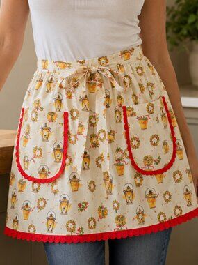 VINTAGE Apron with Red Lace Trim and Lantern Pattern One Size Fits All